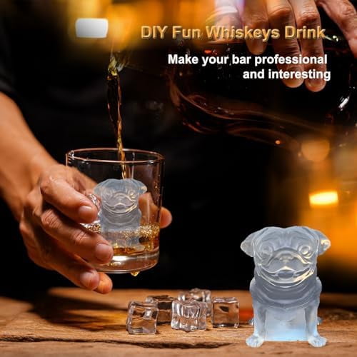 3D Pug Dog Ice Cube Silicone Molds Tray for Whiskey, Cocktail, Drink Decor, Bar; Rich Details. Fun Animal Shape Large Dogs Candle Epoxy Resign Mold; Pug Gifts for Women Kids Puppy Lover, 2 Pack