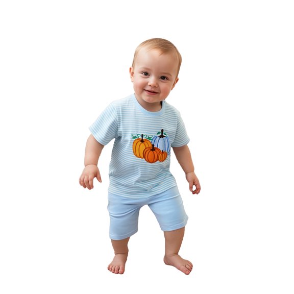 Likimi Toddler Kids Boys Two Piece Outfit Short Sleeve Halloween Pumpkin Print Crew Neck Tops With Shorts Summer Fashion Outfit Set Sky Blue Size 3-4 Years