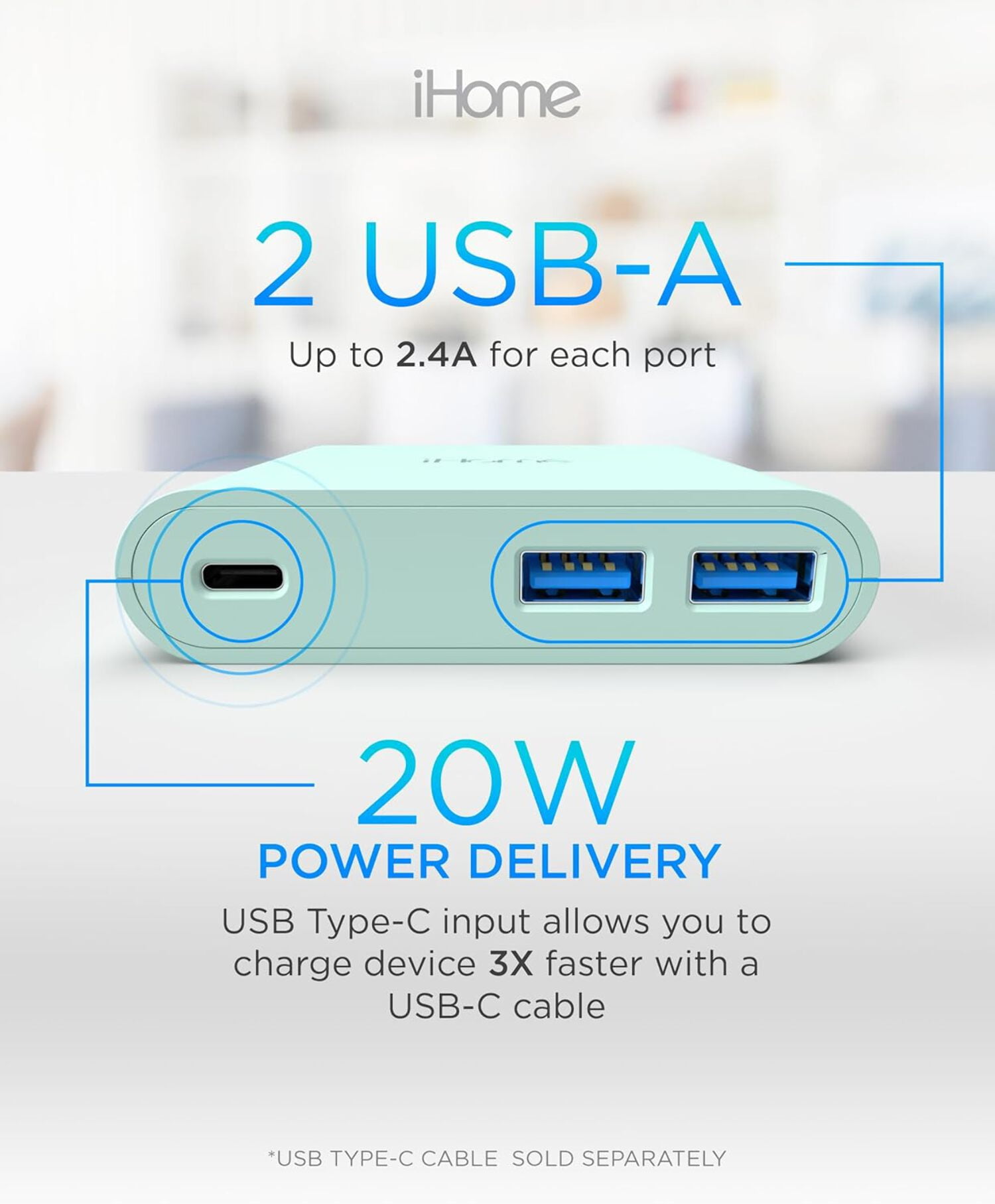 iHome 32W AC Pro Wall Charger, 3-Port (1 USB-C, 2 USB-A), Fast Charging, Universal Compatibility
