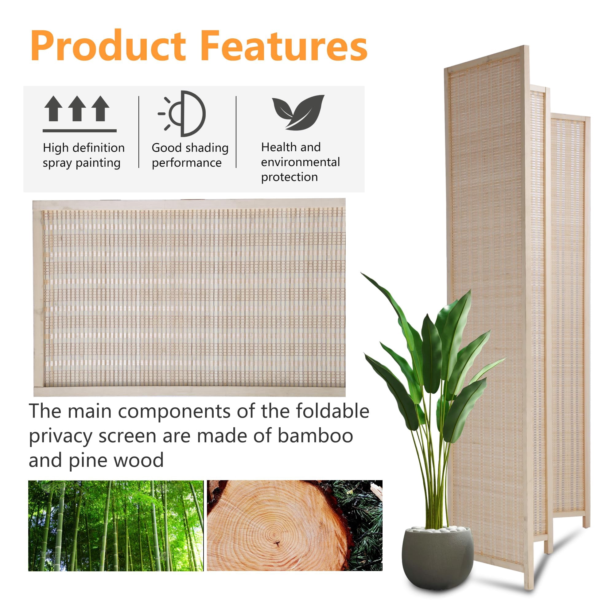 YRLLENSDAN Tall Room Dividers and Folding Privacy Screens, Wall Divider for Room Separation, Bamboo Wood Room Partition with 4 Panels Freestanding Indoor, Beige