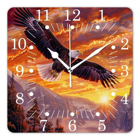 14 Inch Wall Clock Battery Operated Square Clock for Office, Kitchen, Outdoor, Living Room,Bald Eagle Flying with Sunset Graceful
