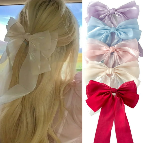 Vintage Long Silk Bow Hair Clip Barrette Ribbon Mesh Bow Head Clip Chiffon Bowknot Headpieces Silk Bow Hair Accessories for Women Girls