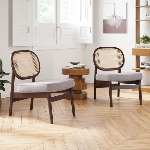 Mid-Century Modern Rattan Accent Chair Khaki Upholstered Living Room Chair with Wood Frame for Bedroom & Reading
