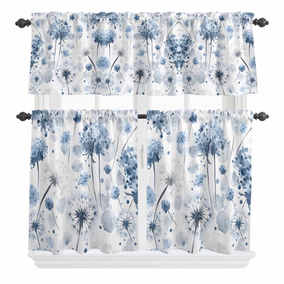 3 Piece Kitchen Curtains and Valances Set Blue Spring Floral Cafe Curtains 36 Inch Length Farmhouse Summer Botanical Valance & Tier Curtain for Living Room Bedroom Small Window 54"x18" 27"x36"*2