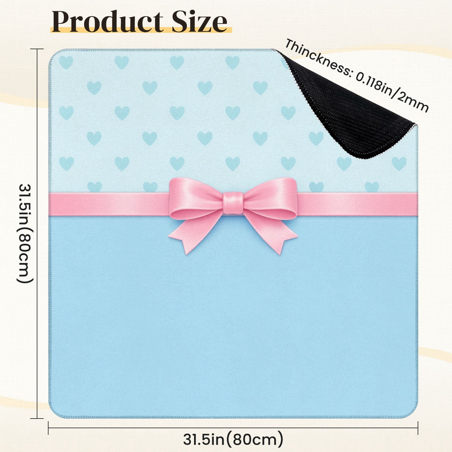 Mahjong Mat 31.5" x 31.5" Blue Pink Heart Bow Ribbon Light Blue Non-Slip Noise Reduction Mahjong Tiles Table Cover for Dominoes Poker Card Board and Tile Games
