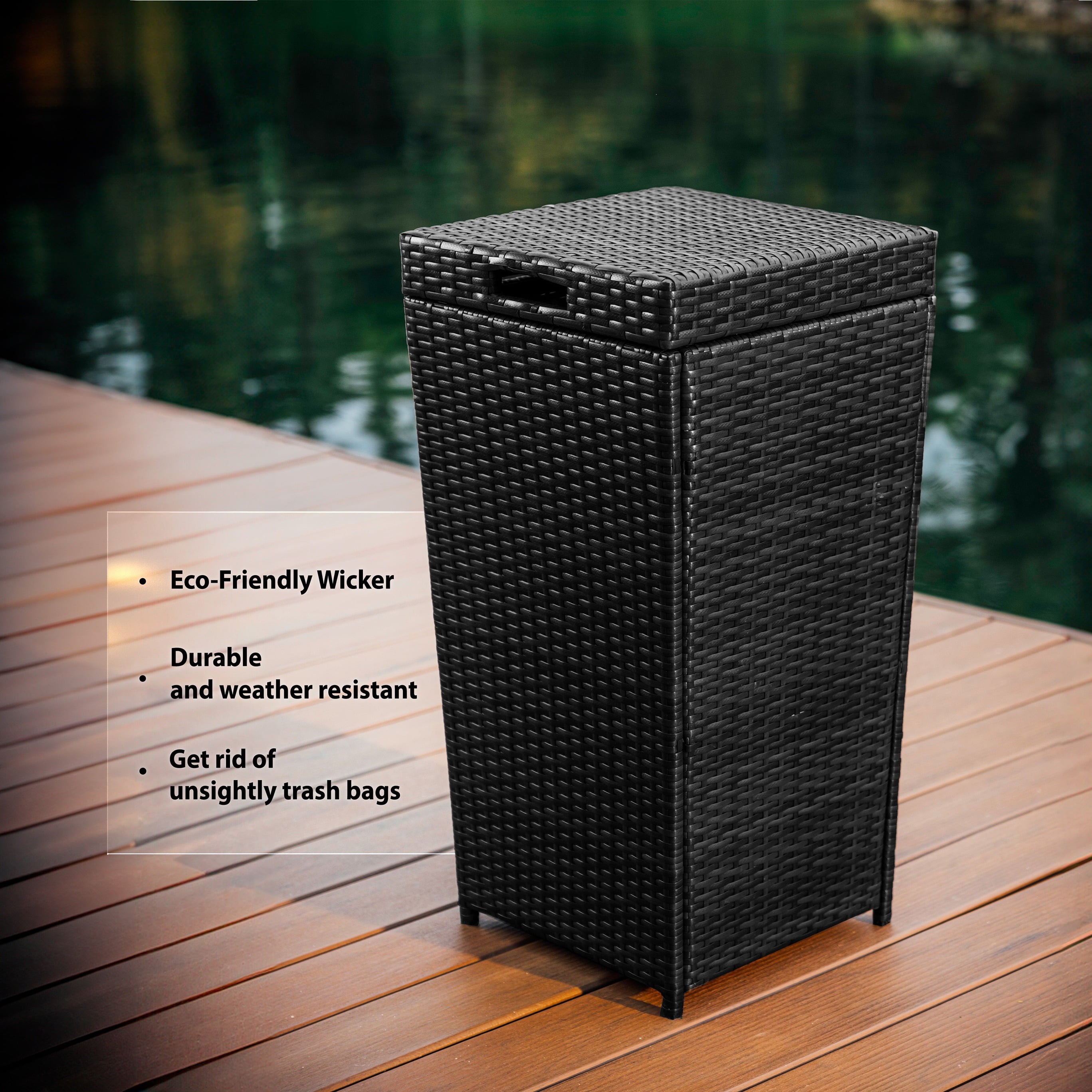 LammaLoe Outdoor Trash Can with Lid, 35 Gallon Wicker Hideaway Trash Can for Outside, Weather Resistant Patio Garbage Can, Black