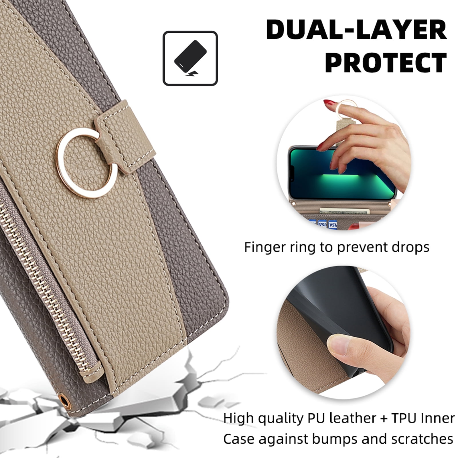 Phone Case for Google Pixel 7 Zipper Wallet Cover with Make-up Mirror, Flip Cover PU Leather Ring Card Holder Kickstand Crossbody Strap Chain Cell Phone Cover for Google Pixel 7, Gray