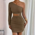 thumbnail image 4 of Women'S 2025 Fashion Hot Girl Off-Shoulder Hollow Slim Hip Dress Long Sleeve Ruffle Cocktail Mini Dress Light Coffee S, 4 of 8