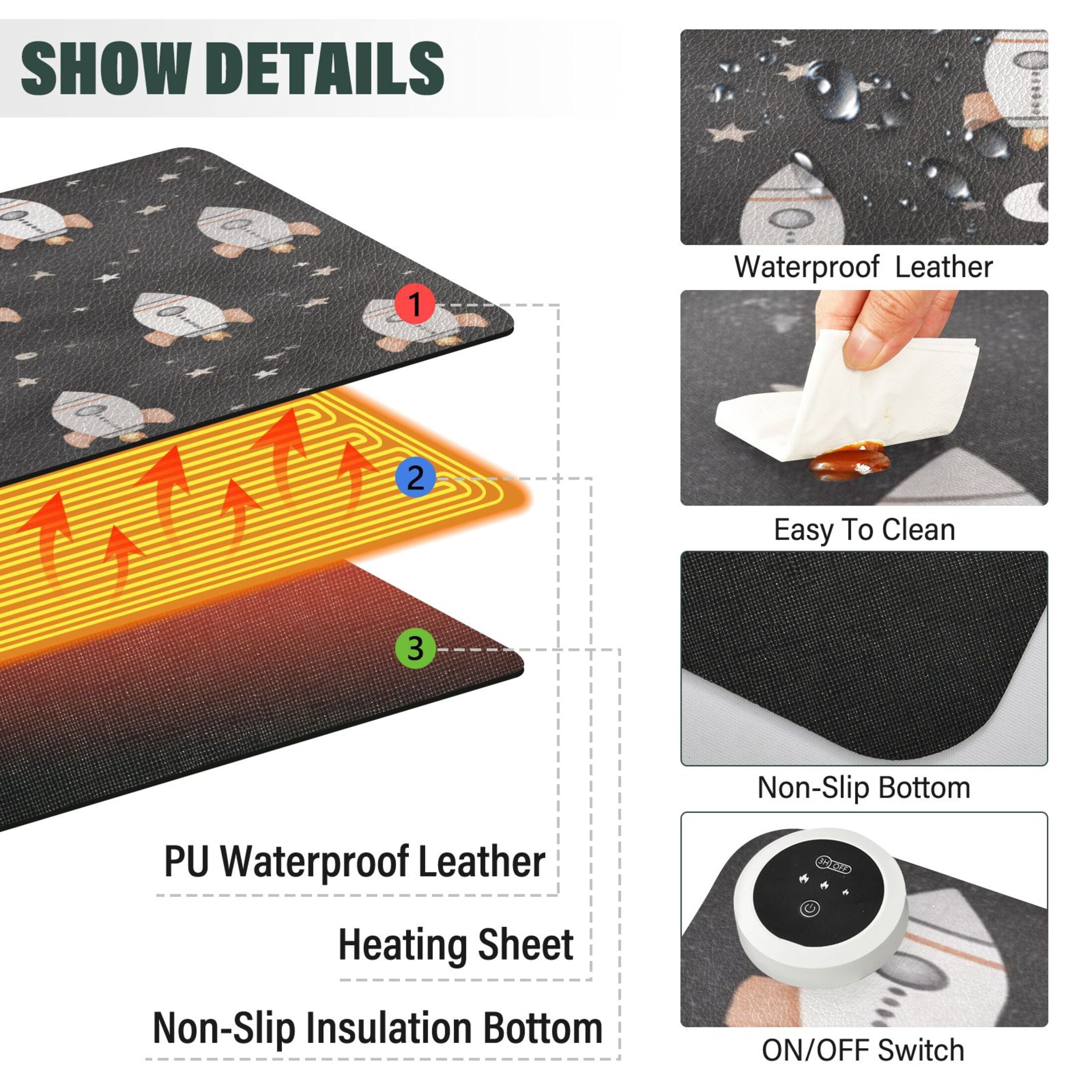 Large Heated Desk Mat Mouse Pad 31.5"x13"PU Leather Graphene Heating Desk Warmer with 3 Temperature Settings 110V US Plug Non-Slip Warm Pad for Home, Office, and Gaming Black Space Rocket Pattern