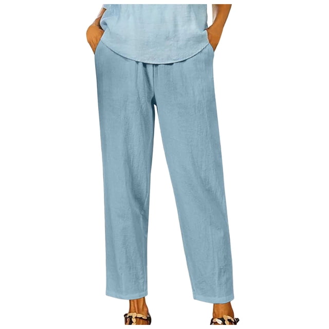Womens Trouser Pants Summer Solid Color Elastic Waist Linen Versatile Straight Leg Nine Point Pants Wide Leg Trousers Womens Sweatpants Blue S