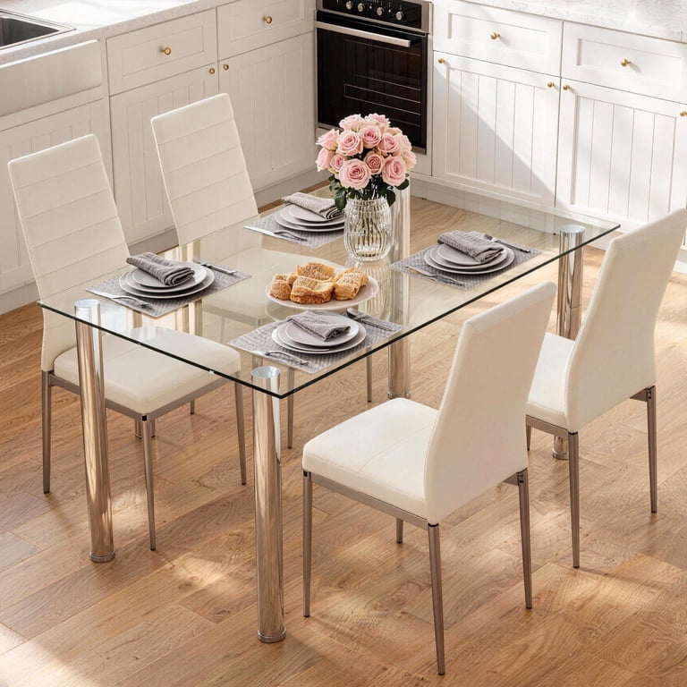 Ktaxon 5pc Dining Set, Glass Top Table & 4 Leather Chairs for