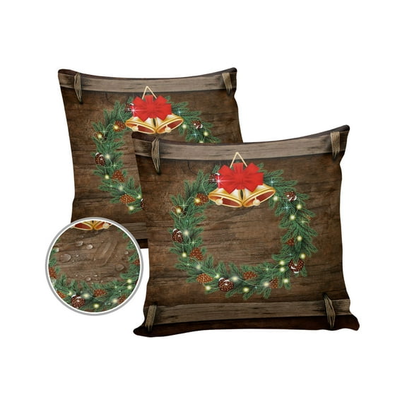 Pack of 2 Outdoor Pillow Covers, Xmas Garland with Bell Waterproof Square Throw Pillowcase Cushion Decorative Pillow Covers for Couch Patio Tent, 18x18 in