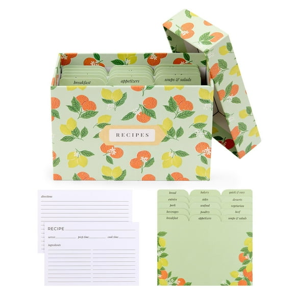 Rileys & Co Citrus Recipe Box - 6x4 Inch Cards, Includes 50 Recipe Cards and 15 Dividers, Cute Organizer for Family Recipes, Housewarming, Mom, Bridal Shower Gifts