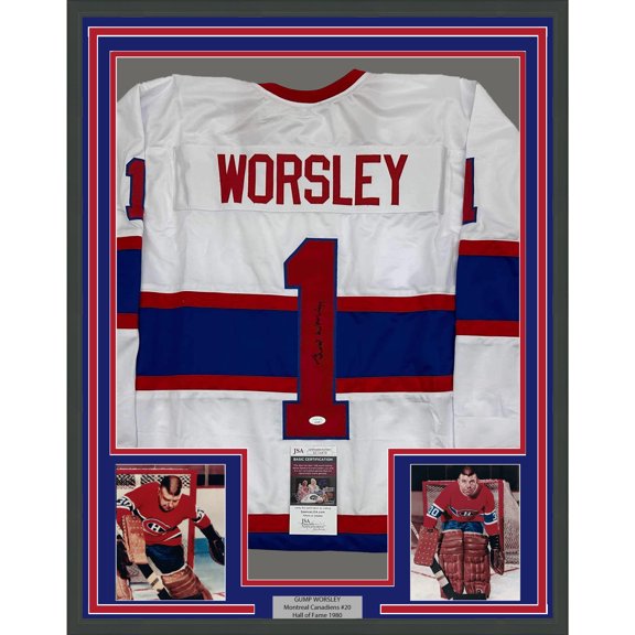 Framed Autographed/Signed Gump Worsley 35x39 Montreal White Hockey Jersey JSA COA