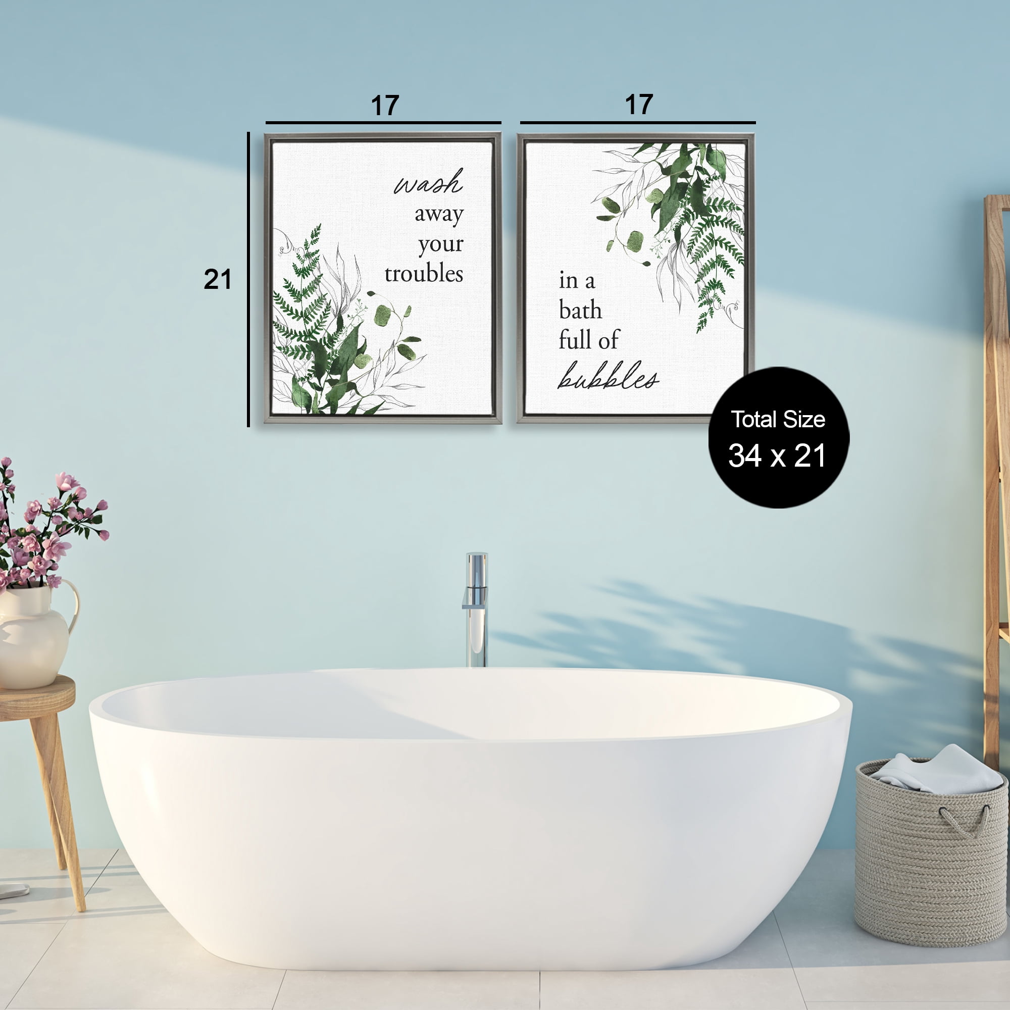 Bubble Bath with Forest Foliage 2 Piece Gray Framed Floater Canvas Set, design by Lettered and Lined