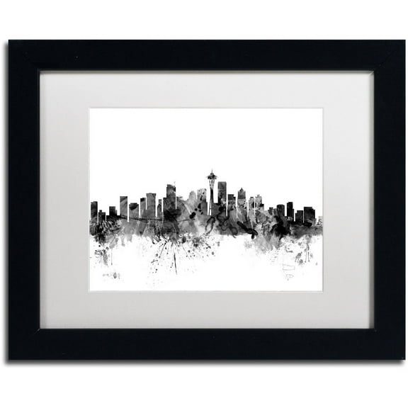 Trademark Fine Art "Seattle Washington Skyline B&W" Canvas Art by Michael Tompsett, White Matte, Black Frame