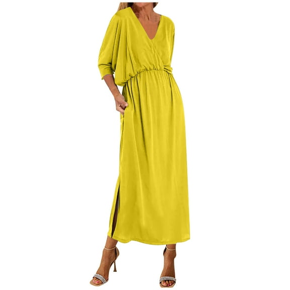 cfhntfmh Casual Summer Dresses for Women Plus Size 3/4 Sleeve Maxi Dress Wrap V Neck Spilt Beach Vacation Dresses