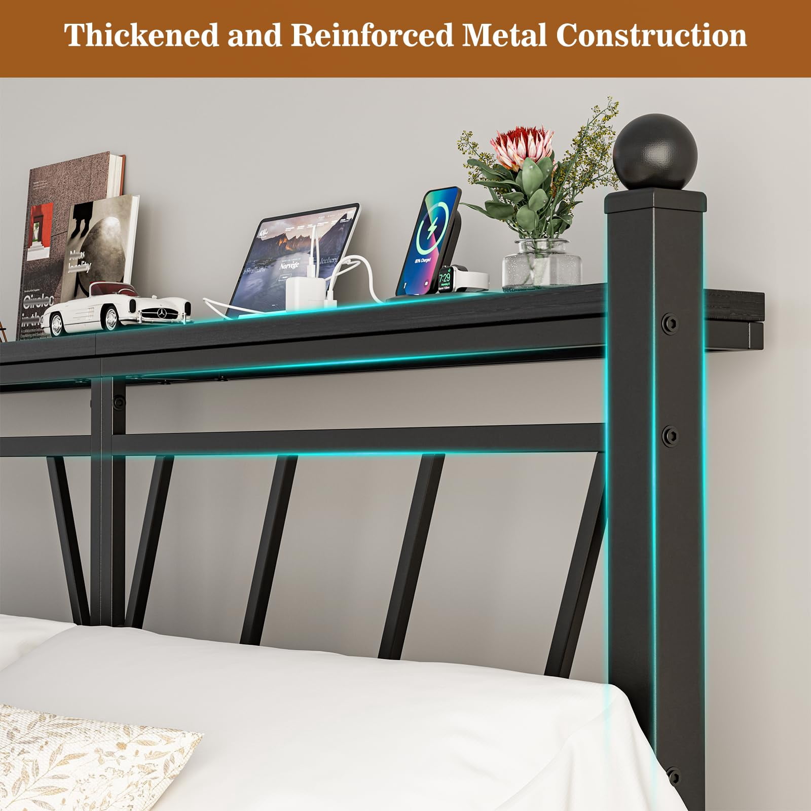 ARICOEASY Metal Twin Size Storage Headboard with LED Lights, Modern Twin XL Head Board with Outlets, USB & Type C Port, Farmhouse Vintage Style, Easy Assembly, Black