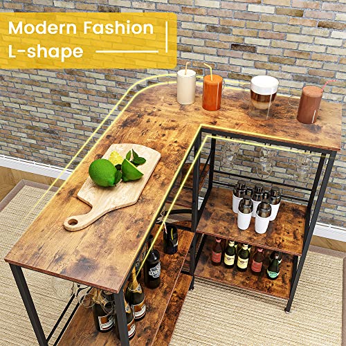 kepptory LShape Bar Table, 3Tier Liquor Bar Table with Storage & Glasses Holder & Footrest