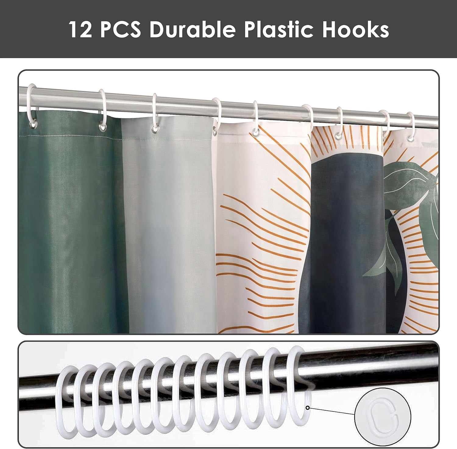Zrodlmo Boho Shower Curtain and Rug Sets, 16pc Anti-Mold Sun Moon Leaf Modern Bathroom Set, Machine Washable, 72" x 72", Dark Black
