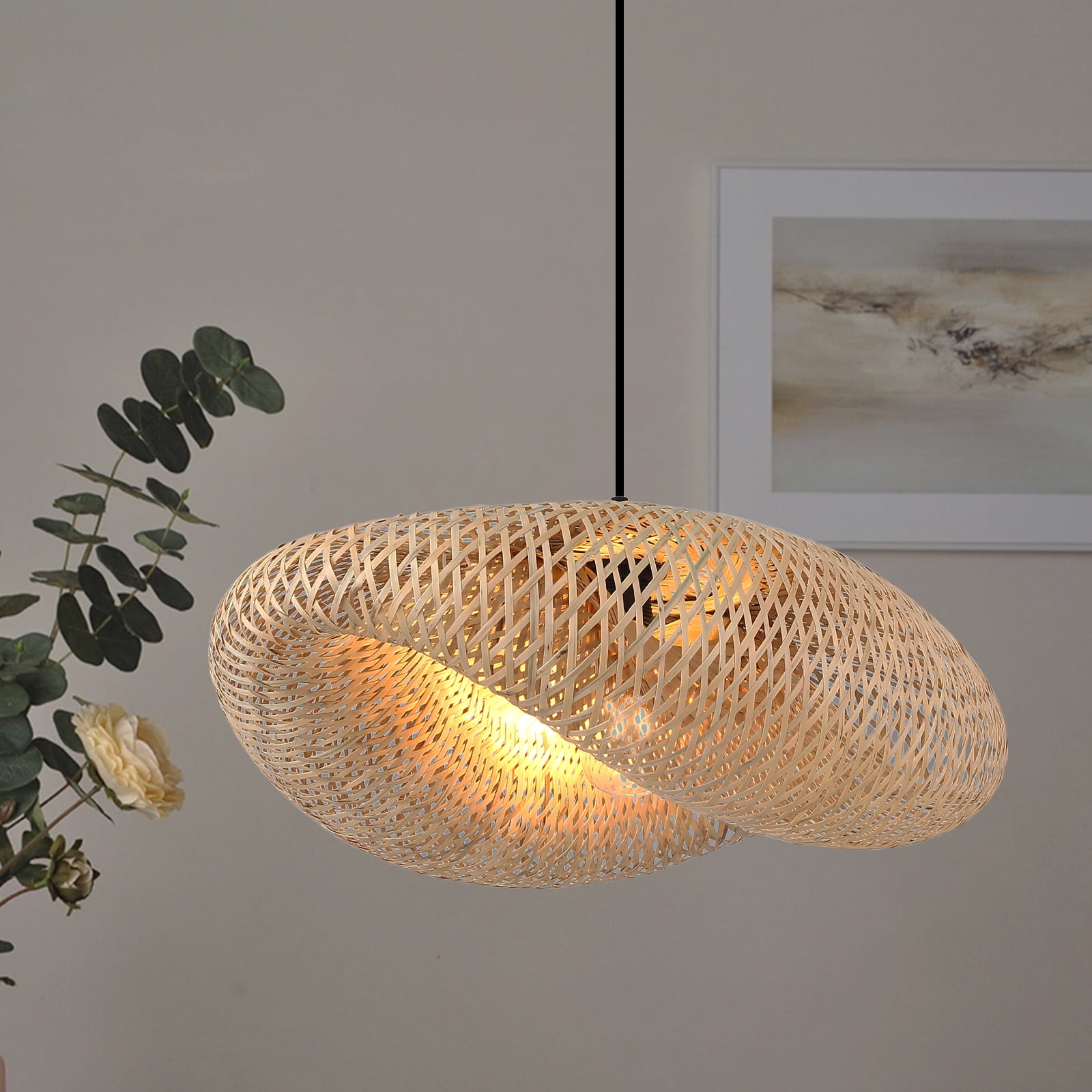 Woven Bamboo Plug in Pendant Light for Kitchen Island, Industrial Wicker Ceiling Hanging Lamp, Rattan Lamp Shade Basket Chandelier Bamboo Light Fixture for Living Room Dining Room Bar Restaurant