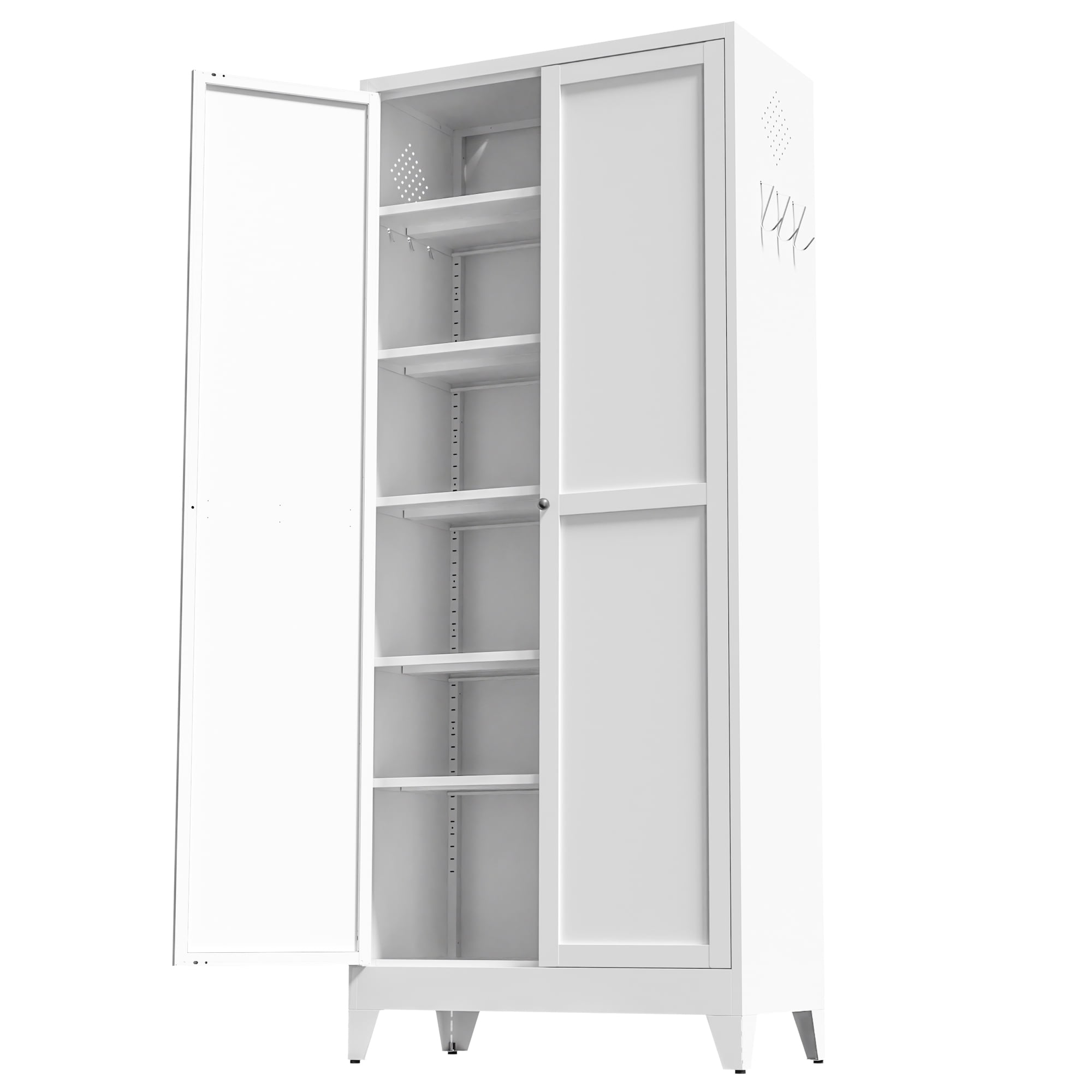 75" White Freestanding Metal Kitchen Pantry Storage Cabinet, 5 Adjustable Heavy-Duty Shelves Hold 180LBS Each, Magnetic Doors, Anti-Tip Design for Kitchen Pantry Dining Room