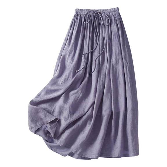 RUTAYY Summer Women Solid Color Linen Blend Midi Skirt Lightweight Draped Linen Length Skirt For Casual Wear Smocked Boho Pleated Skirts
