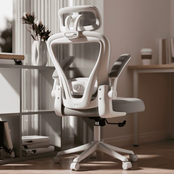 HomeZeer Desk Chairs with Wheels, Mesh Office Chair with Lumbar Support, Ergonomic High Back Office Chair with Adjustable Headrest and Flip-up Arms, Executive Office Chair Home Office, White & Gray