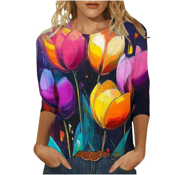 SHE IS Womens 3/4 Sleeve Tops, Shirts for Women Trendy Plus Size Tops for Women 3x 3/4 Length Sleeve Womens Tops Dressy Basic Oversized Crop Tees for Women