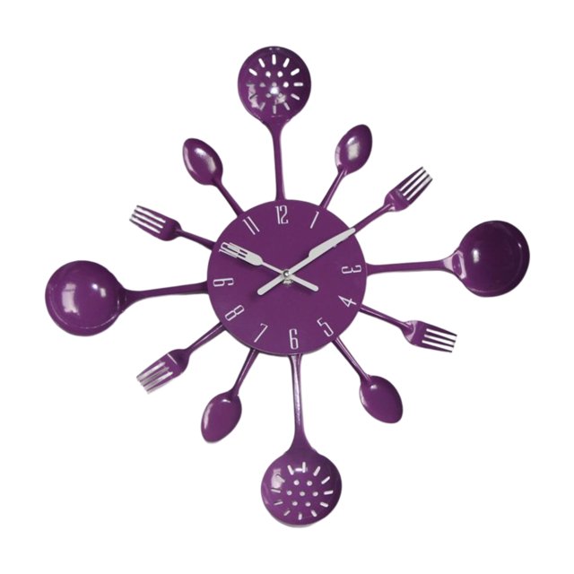 Inteprter Cubiertos Cocina Reloj de pared Cuchara extraíble Tenedor Adorno colgante Campana Cuarzo Sala Comedor Decoración para el hogar Decoración del hogar Púrpura