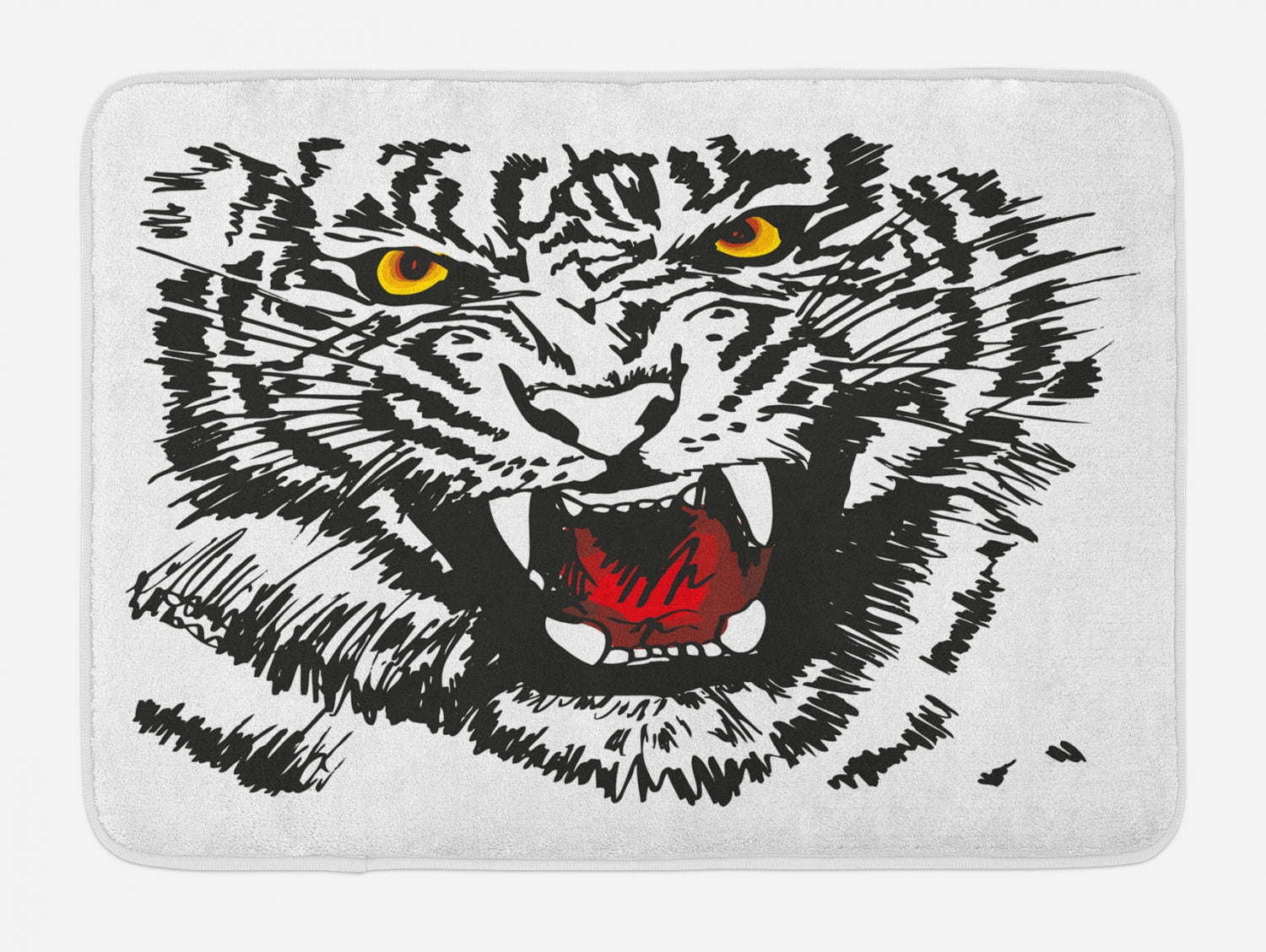 Tiger Bath Mat, Angry Feline with Black and White Pattern Realistic