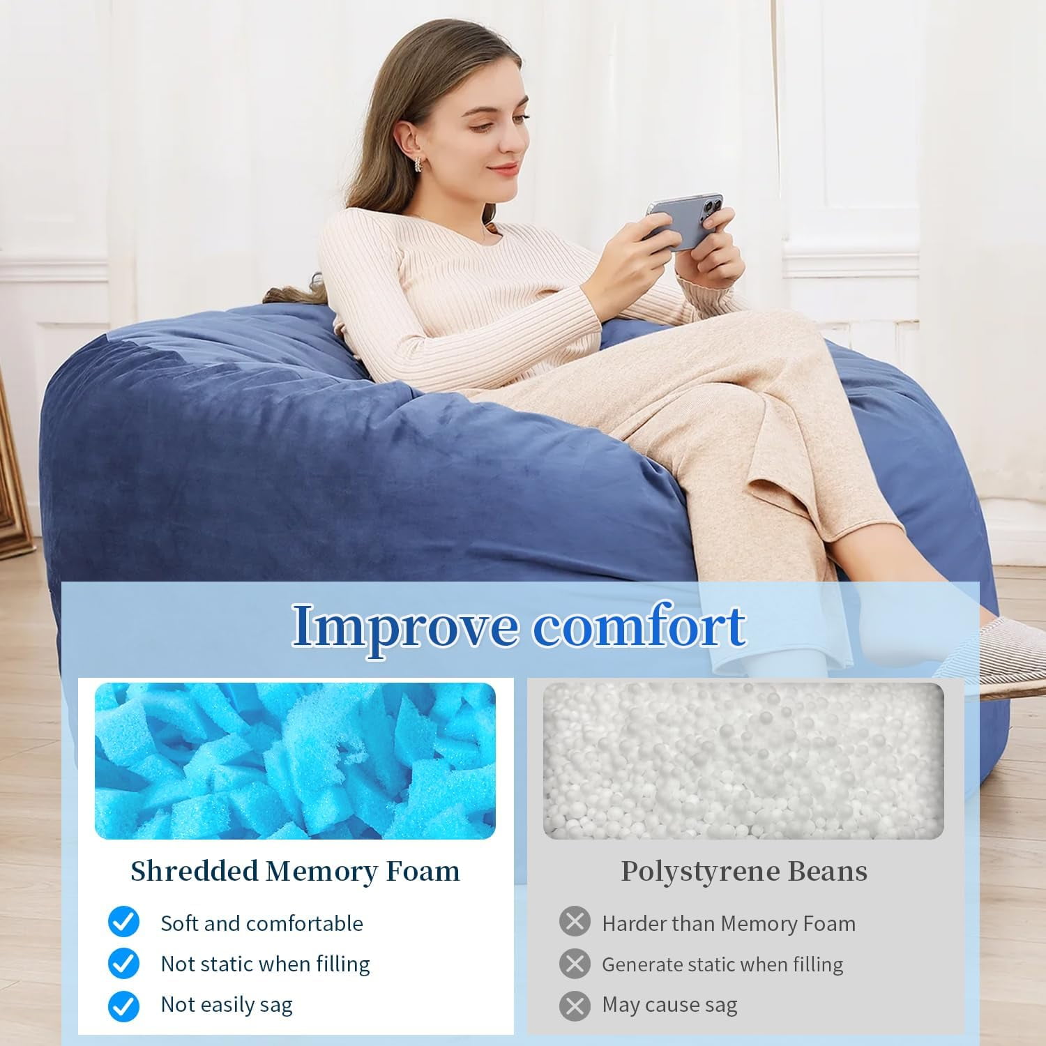 Bean Bag Filler, Shredded Memory Foam Filling, Soft Pillow Stuffing Bean Bag Refill Foam for Couch, Cushion, Stuffed Animals, Dog Bed, Arts Crafts