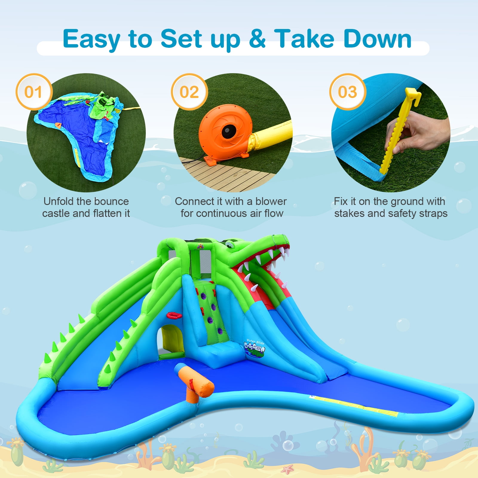 Infans Inflatable Crocodile Style Water Slide Upgraded Kids Bounce Castle w/780W Blower
