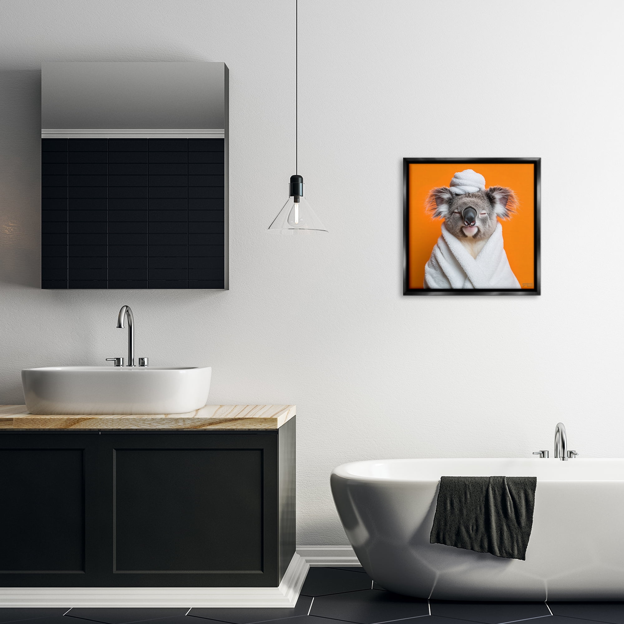 Stupell Industries Relaxed Bathtime Koala Bath & Laundry Painting Black Floater Framed Canvas Art Print Wall Art, 18 x 18