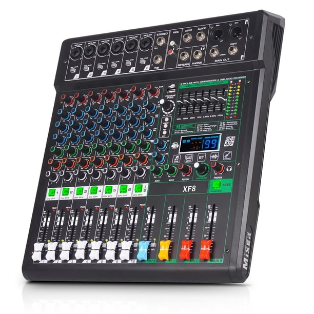 Mezclador de audio Yamnweo XF8 8 canales USB Bluetooth MP3 99 Efectos