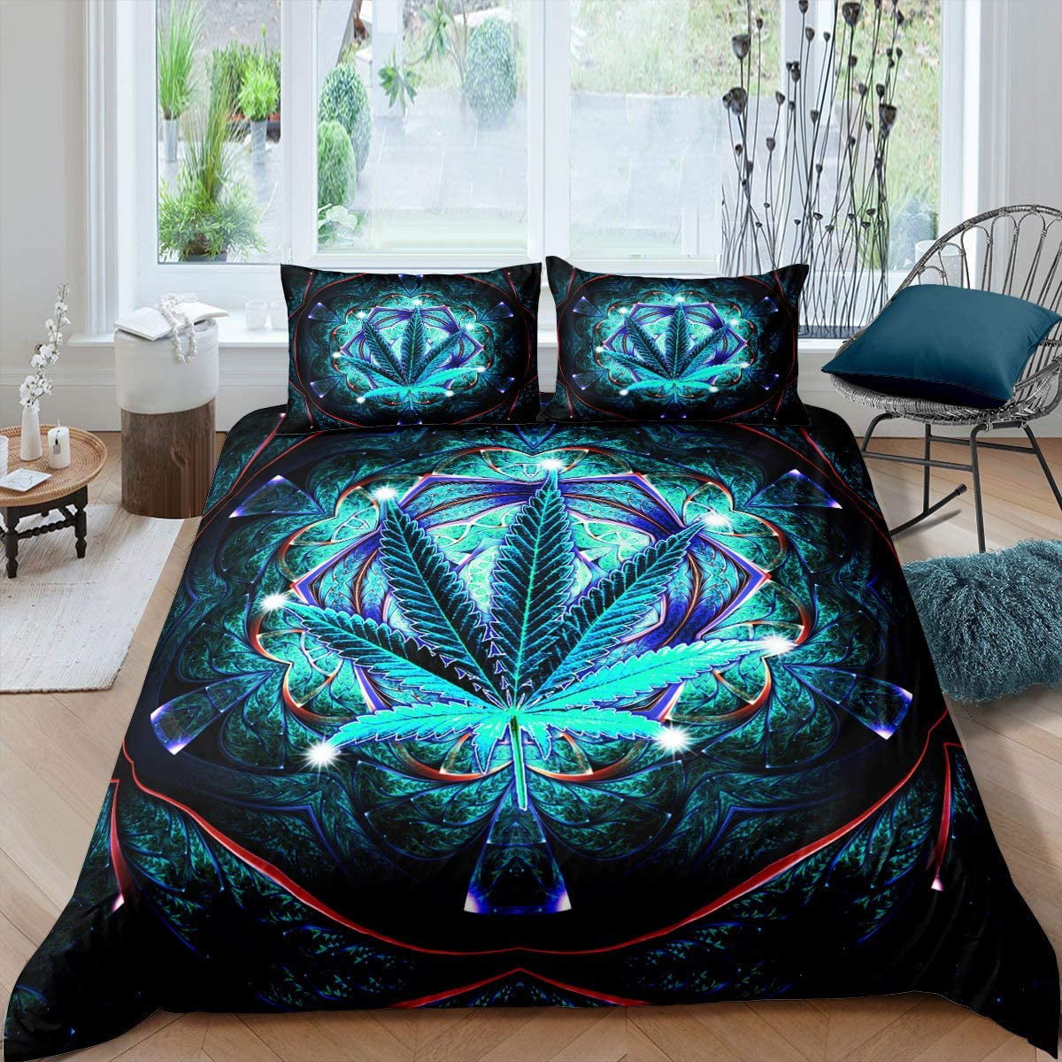 Marijuana Weed Leaf Duvet Cover Set Teens Gothic Skull Skeleton Bedding Set Queen for Boys Men Youth Bedroom Decor Green Cannabis Smoky Comforter Cover Black White Bedspread Cover with 2 Pillow Case