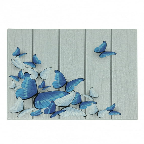 Butterflies Cutting Board, Blue and White Butterflies on Wooden Background Timber Wall Rustic Life, Decorative Tempered Glass Cutting and Serving Board, Small Size, Grey White Blue, by Ambesonne