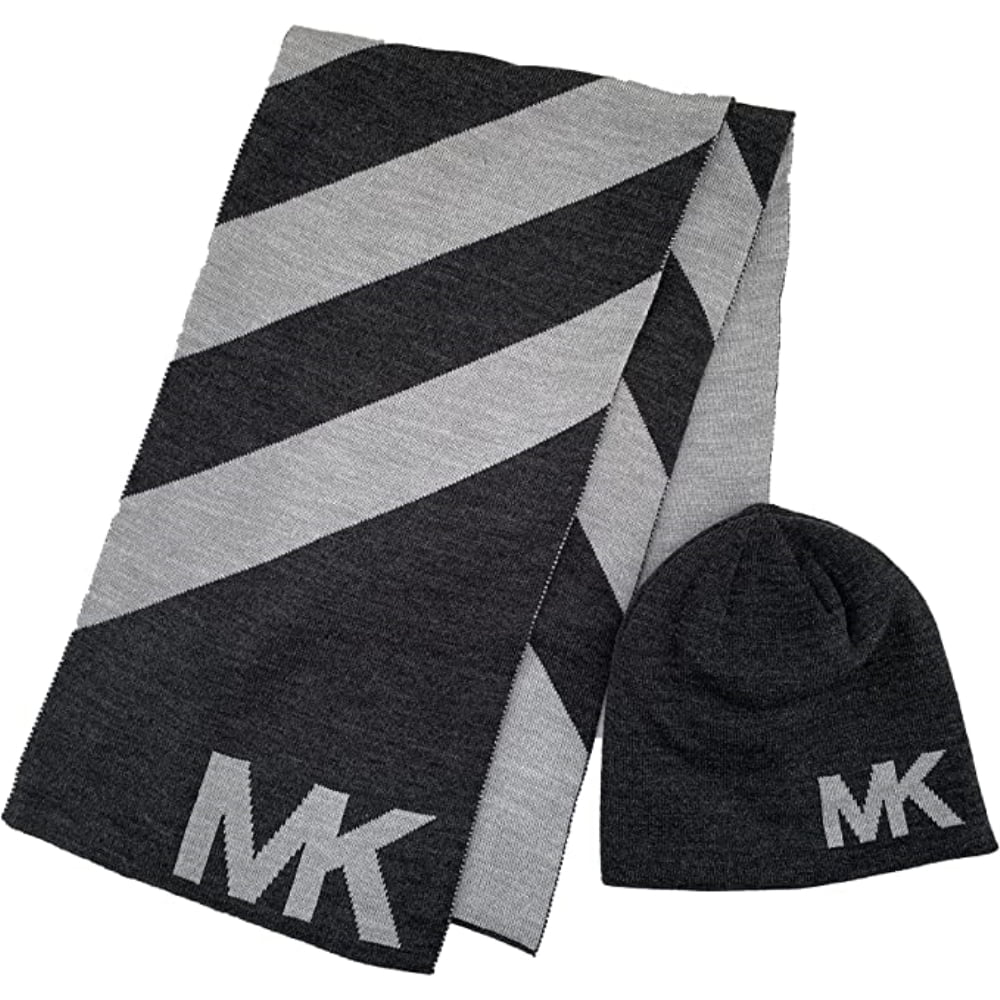 Visita lo Store di Michaël KorsMichael Kors Men's Diagonal Stripe Scarf and Beanie set Light Grey/Charcoal 