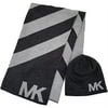 Michael Kors Men's Diagonal Stripe Scarf and Beanie 2 Piece Set, Light Grey/Charcoal
