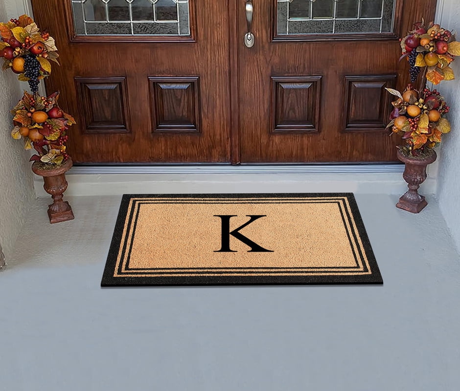 A1HC Black/Beige 24 in x 39 in Front Door Mat Coir PVC Classic Border Entryway Mat Heavy Duty Boot Scrapper Monogrammed Doormat