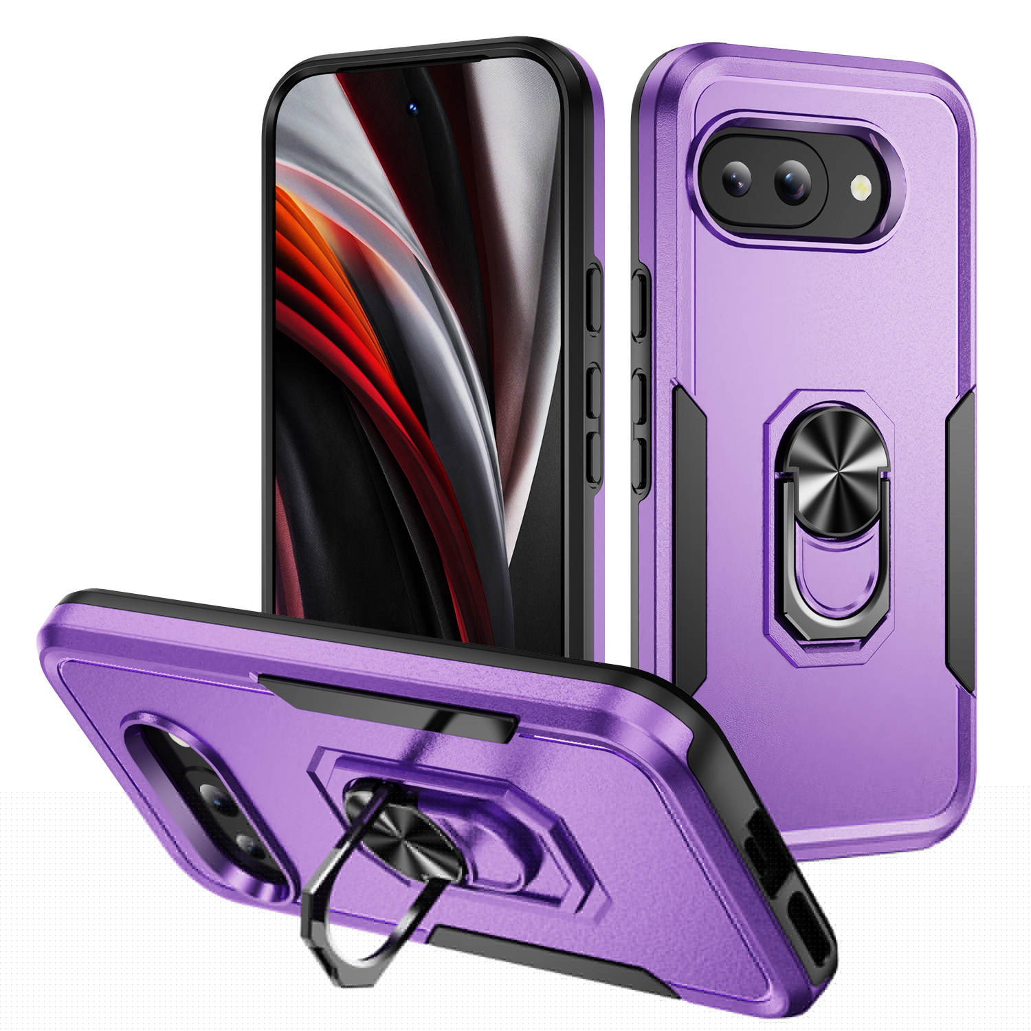 Designed for Google Pixel 9a Case, Military-Grade Drop Protection, Shockproof Phone Case Cover, Magnetic Car Mount Ring Kickstand Bumper Hard Case for Google Pixel 9a, Purple   Black