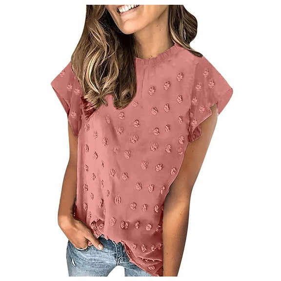 Mittory Womens Ruffle Short Sleeve Chiffon Blouses V Neck Swiss Dot Summer Shirts Dressy Casual Tunic Tops