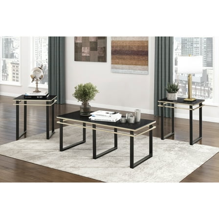 Newboti Furniture Black Coffee Table and End Tables Set Occasional 3pc Tables Tempered Glass Top Metal Frame Modern Living Room Furniture 53429