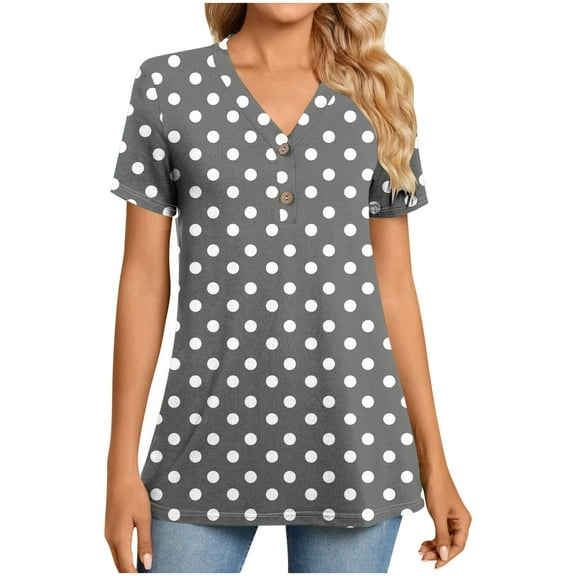 CheerKidz Women's Polka Dots V-Neck Button Up Short Sleeve Top Playful Print Summer Blouse Clothes Inspired Fashion Tee(Gray,3XL)