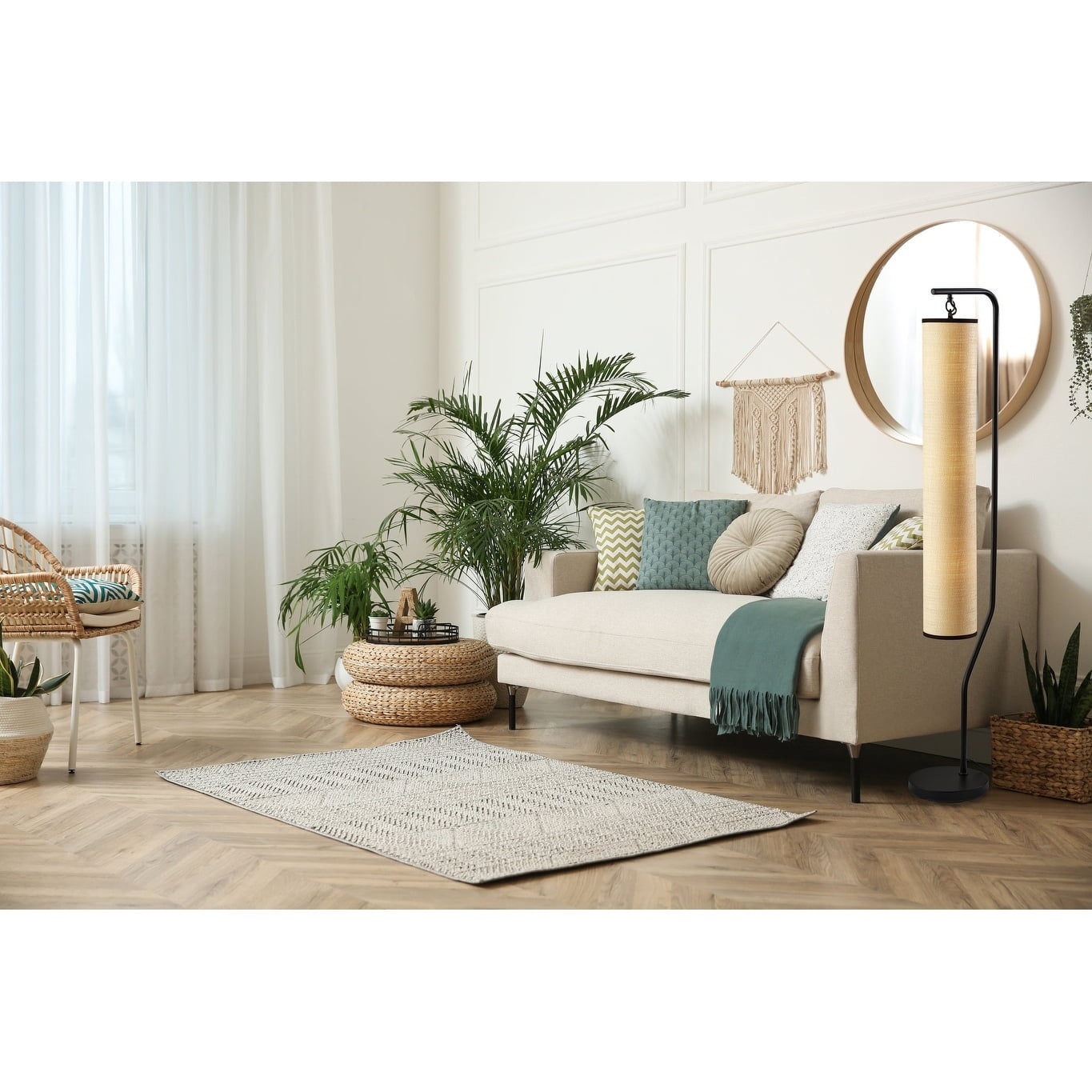 Adesso Lyons 61" 3-Light Black Floor Lamp with Tall Natural Woven Paper Cylinder Shade