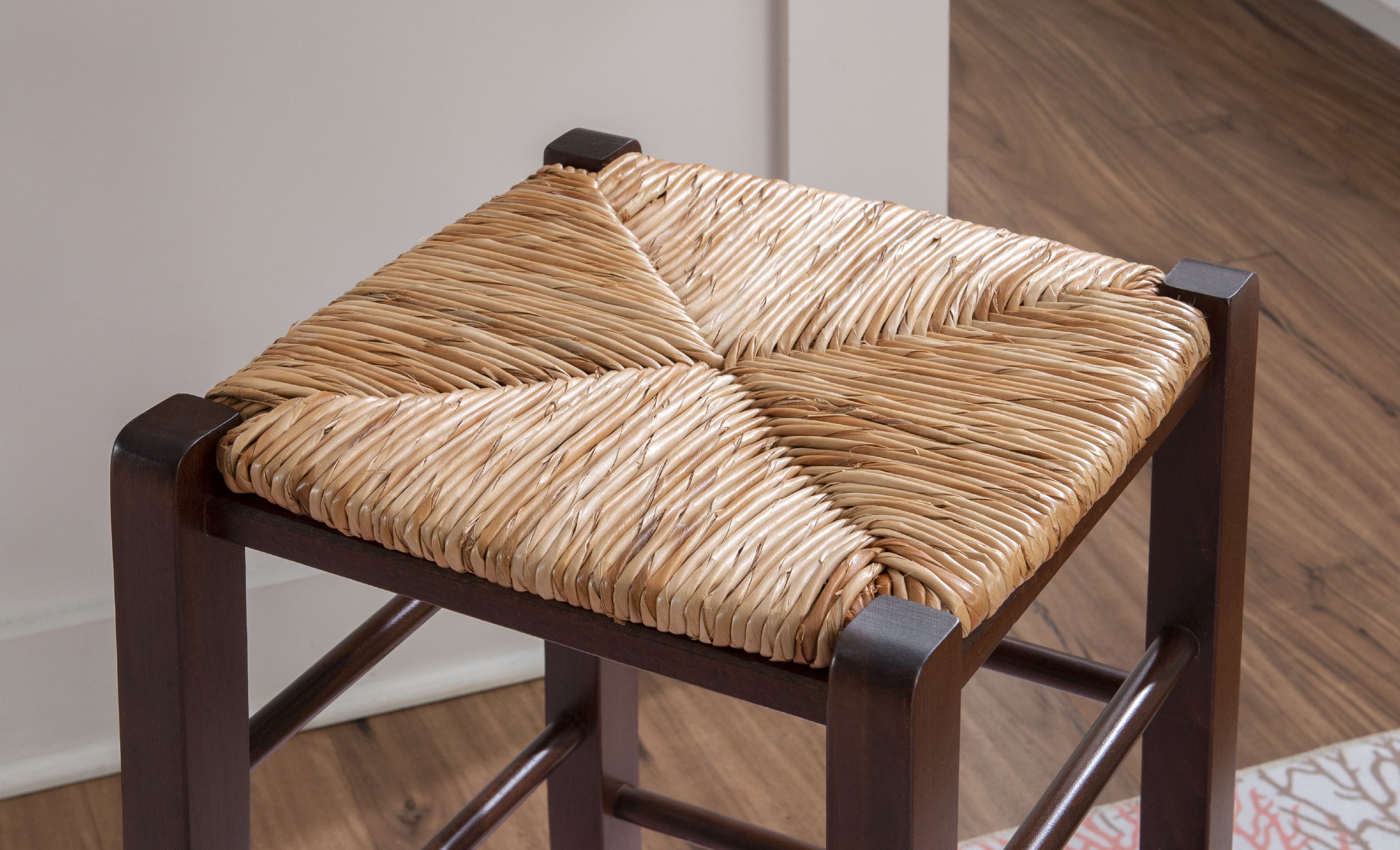 Linon Ivica 24.4" Backless Counter Stools, Set of 2, Dark Walnut with Handwoven Rush Seat