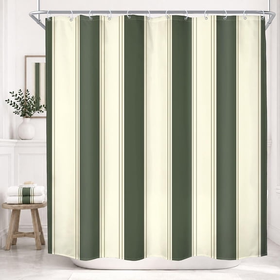 Green And Beige Striped Shower Curtain Waterproof Fabric Bathroom Shower Curtains with 12 Hooks 71x71 inches