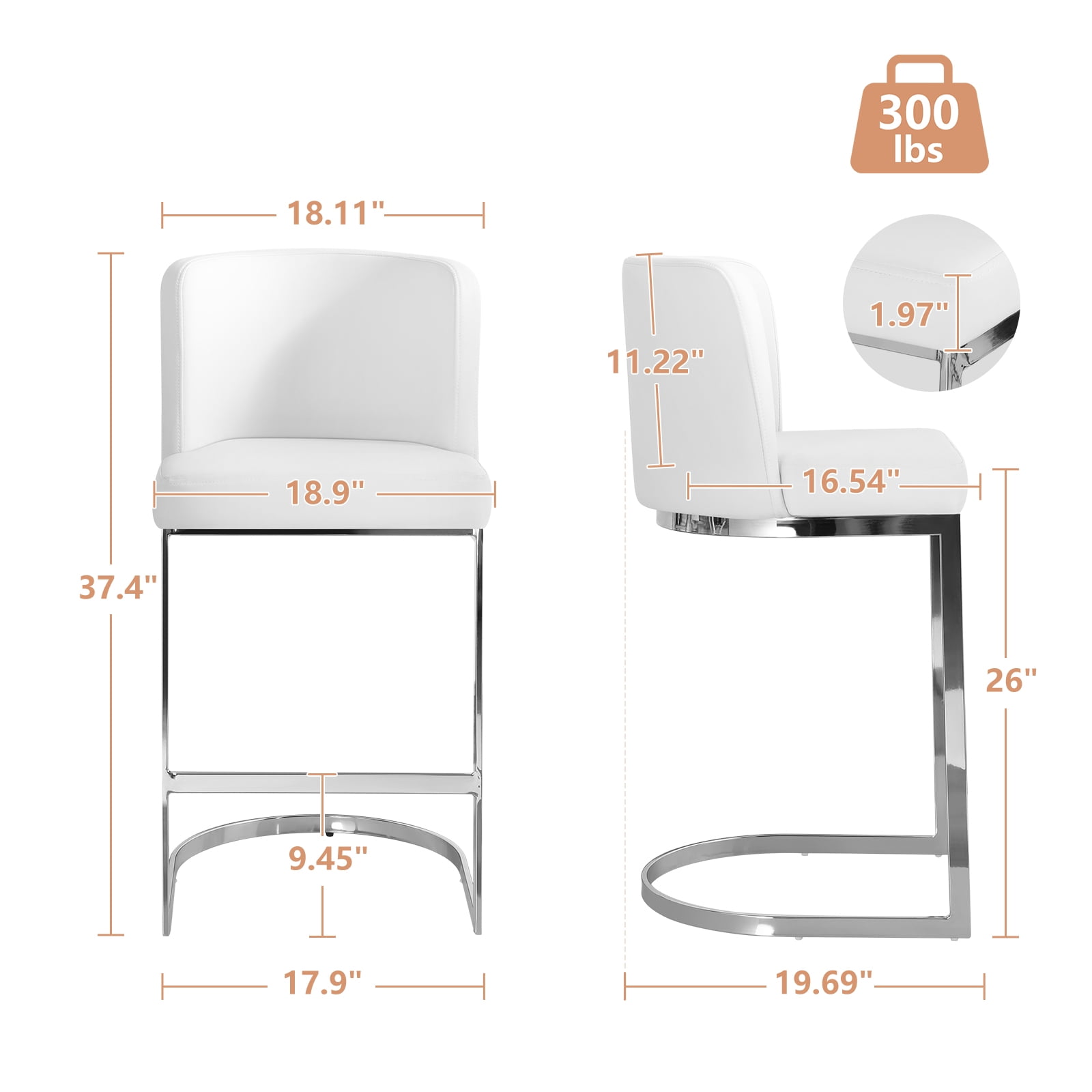 Foreate 26" Counter Height Bar Stools Set of 4 Modern Counter Stools with Back and C-Shaped Metal Frame, Upholstered Faux Leather Bar Chairs Island Stools for Kitchen Counter, Home Bar, Pub, White
