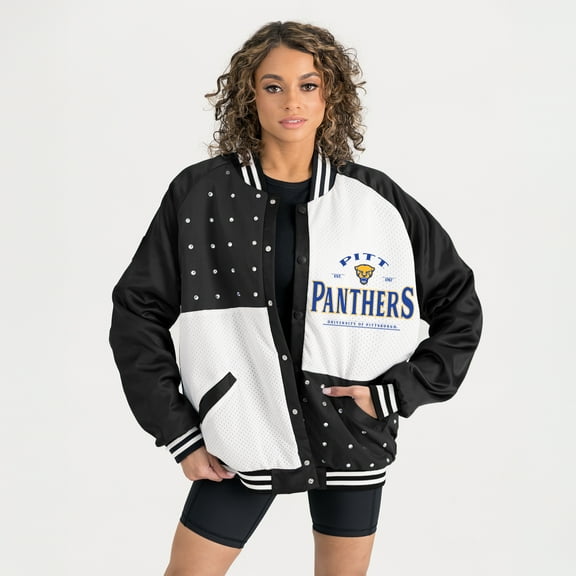 Women's Gameday Couture Black Pitt Panthers Oversized Inner Drive Varsity Rhinestone Full-Snap Bomber Jacket