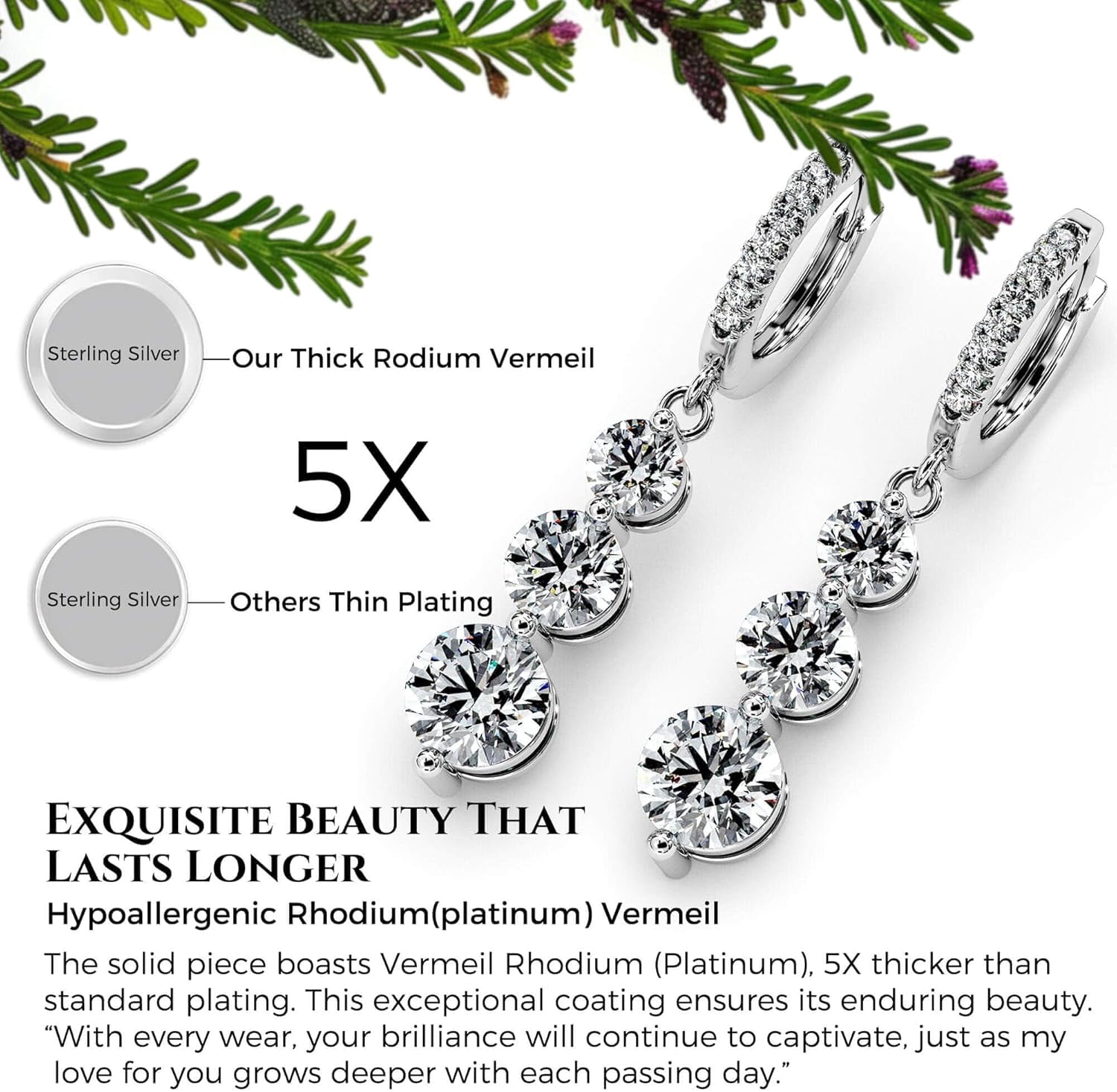 Moissanite Three-stone Diamond Drop Earrings for Women S925 Rodium Vermeil Sterling Silver Trilogy Dangle for Wife Girlfriend Mom Gifts for Her Daughter on Birthday Wedding Anniversary Radiant